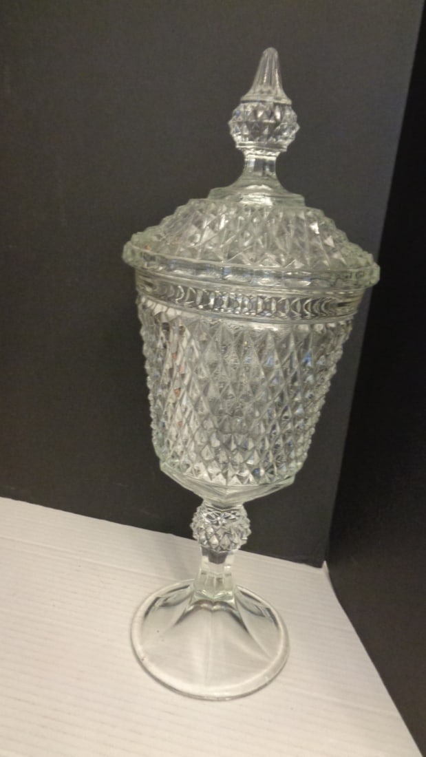 Pressed Glass Pedestal Candy Dish with Lid Diamond Point: .