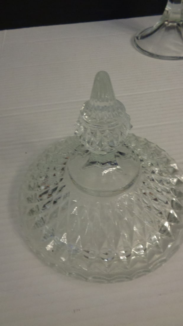 Pressed Glass Pedestal Candy Dish with Lid Diamond Point - 3