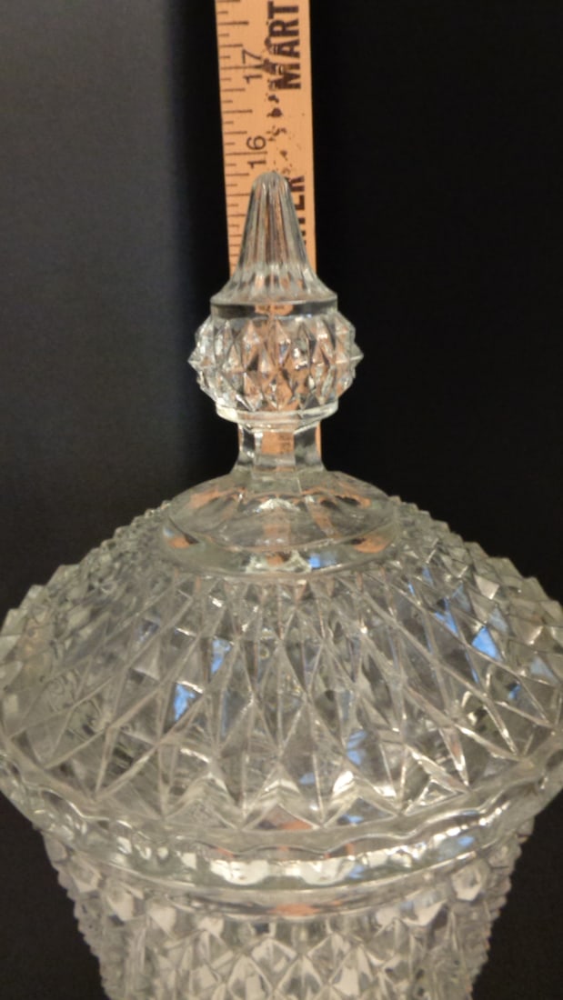 Pressed Glass Pedestal Candy Dish with Lid Diamond Point - 4