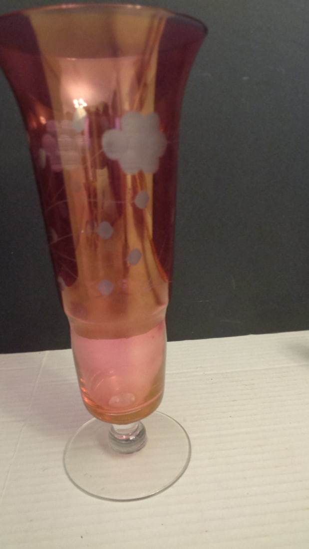 Vintage Trumpet Vase - Etched Floral Cranberry Red Vase: .