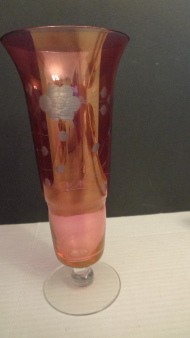 Vintage Trumpet Vase - Etched Floral Cranberry Red Vase - 2