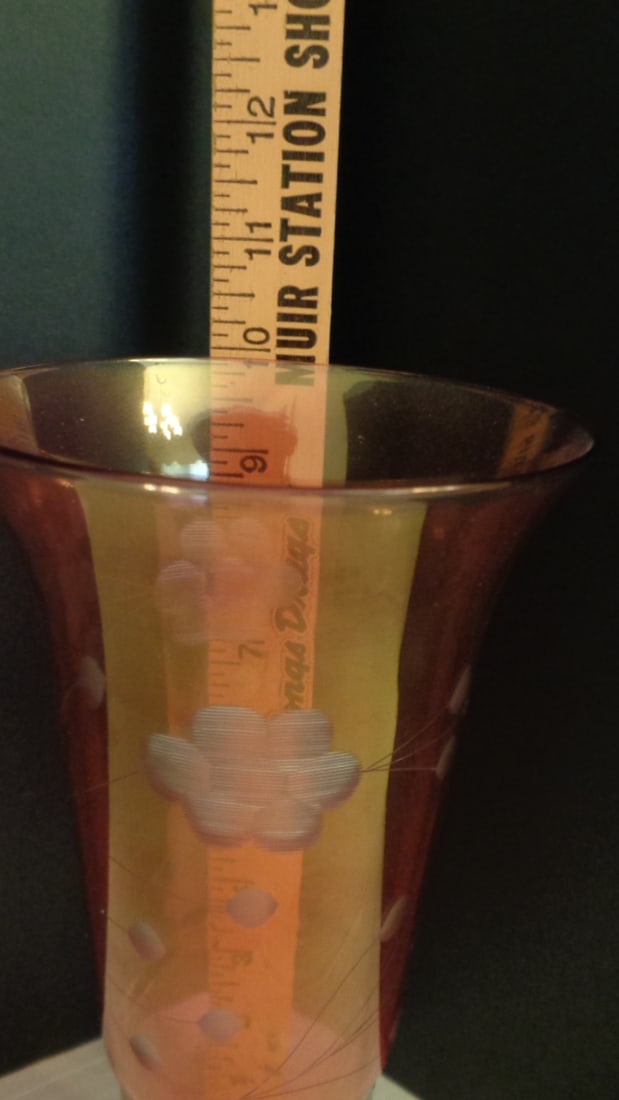 Vintage Trumpet Vase - Etched Floral Cranberry Red Vase - 3