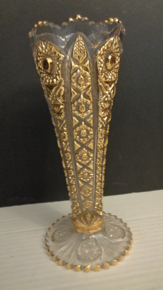 Vintage Amber Pressed Glass Trumpet Vase: Sawtooth Rim