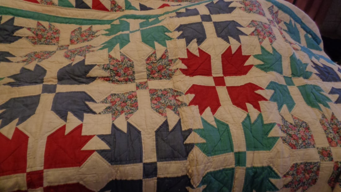 Large Hand Quilted Patchwork Quilt: Some yellowing & stains