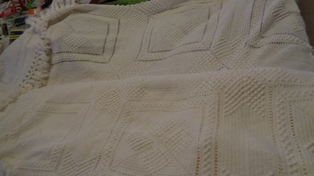 Crochet Afghan: Large; raised popcorn stitching; some stains