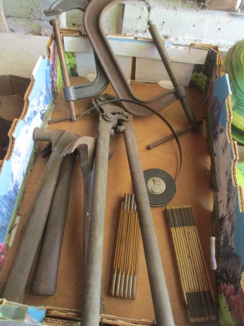 Tool Lot: 2 C-Clamps, Hammers, Vintage Tape Measure