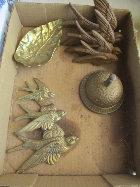 Brass Bell, Brass and Plastic Bird Set and Brass Leaf: .