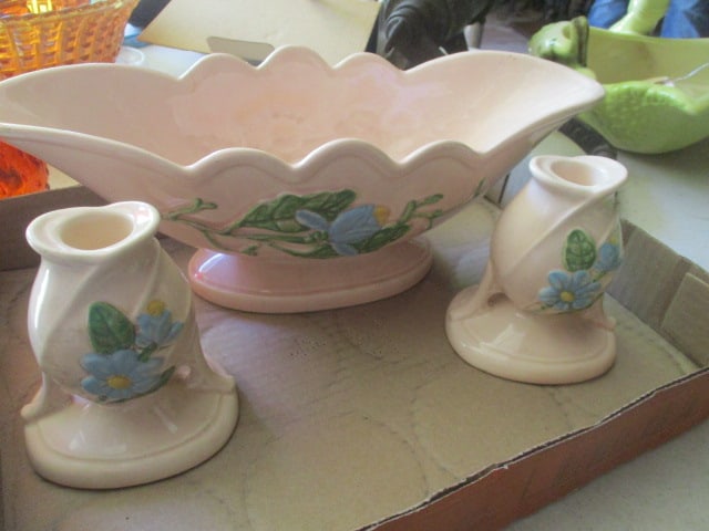 Hull Art Candler Holders (H-24) and: Scalloped Footed Planter Magnolia Style (H-23-13) Some Crazing