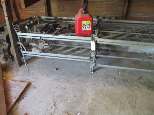 Two Wire Rack Shelves with Contents: 36" x 20" x 26", Jacks and Bolt On Hitches, Scrap Motor, etc..