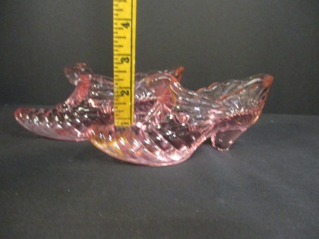 Fenton Art Glass Pink Glass Cat Head Rose Swirl Slipper (2) - 4