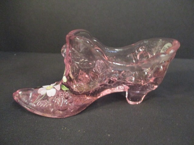 Fenton Pink Glass Slipper Painted Signed (N. Beck): 6"