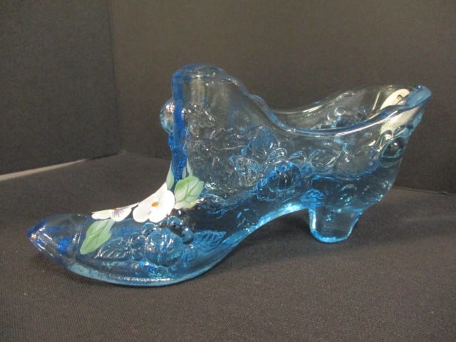 Fenton Blue Handpainted & Signed (D. Snyder) Slipper: 6"