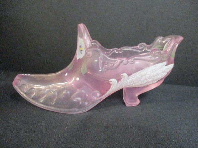 Fenton Pink Hanpainted & Signed Glass Slipper: 7"