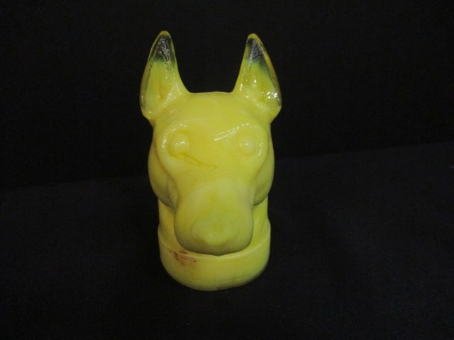 Boyd Doberman Dog Head Yellow Uranium Slag Glass Figurine - 2