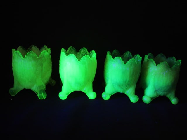 Uranium Opalescent Footed Toothpick Holders (2 Green/2 Yellow): 2 1/2"