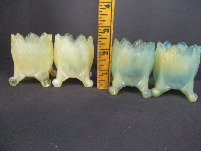 Uranium Opalescent Footed Toothpick Holders (2 Green/2 Yellow) - 7