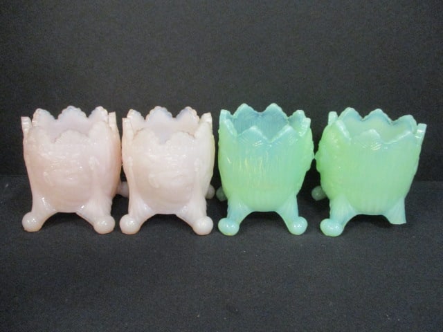 Opalescent Footed Toothpick Holders (2 Green/2 Pink): 2 1/2" (1 green one has a broke foot)