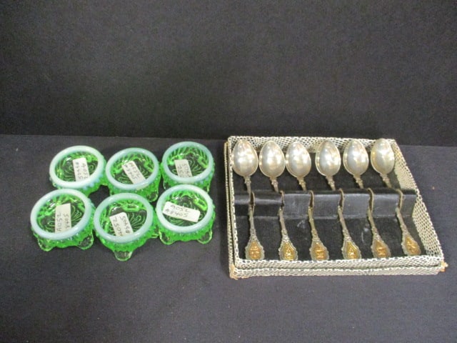Vintage Glass Footed Salts (Lot of 6) & Demitasse Spoon Set (6): .
