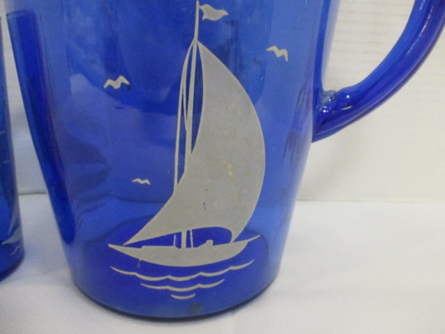 Hazel Atlas Cobalt Blue Depression Glass Pitcher & 2 Glasses - 2