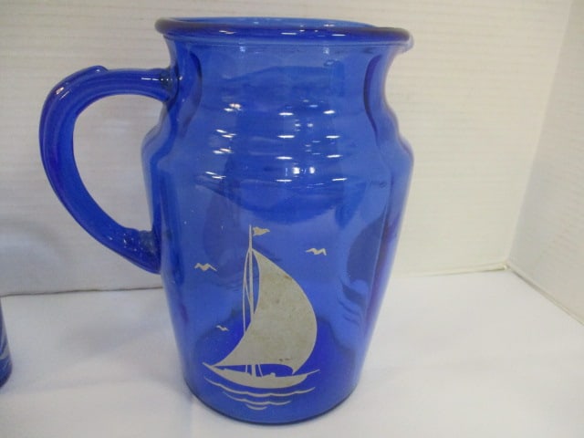 Hazel Atlas Cobalt Blue Depression Glass Pitcher & 2 Glasses - 3