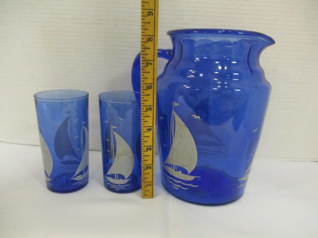 Hazel Atlas Cobalt Blue Depression Glass Pitcher & 2 Glasses - 9