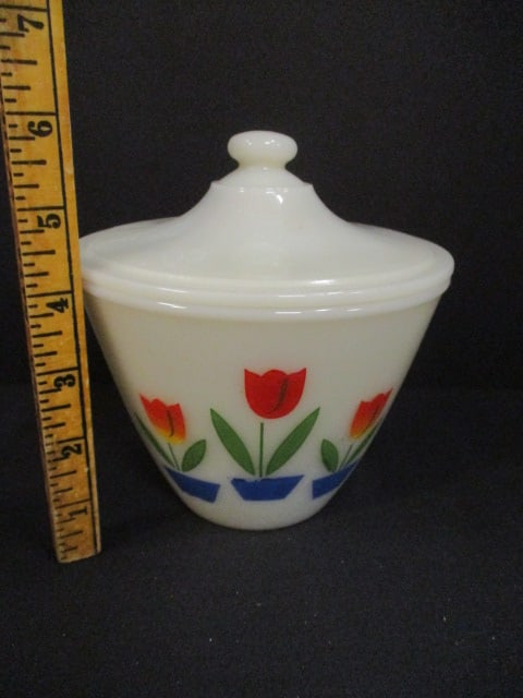 Fireking Ivory Milk Glass Grease Jar w/Tulip Pattern - 5