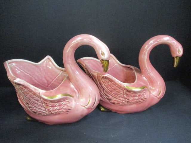 Ceramic Swan Planters (Lot of 2) Pink Irridescent: .