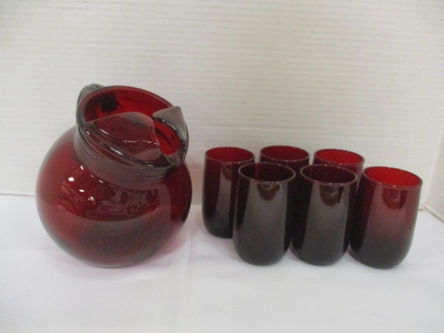 Anchor Hocking Ruby Red Roly Poly Pitcher & Tumbler Set: 6 (3 1/2") Tumblers