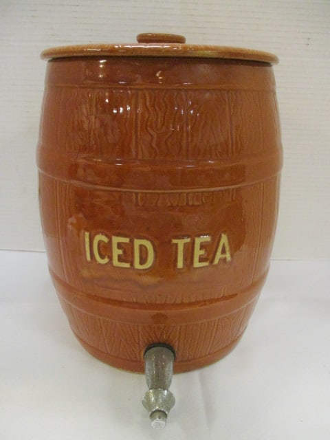 Ceramic Ice Tea Dispenser Brown Barrel Shape Crock Design: 8" Diameter x 11" Deep