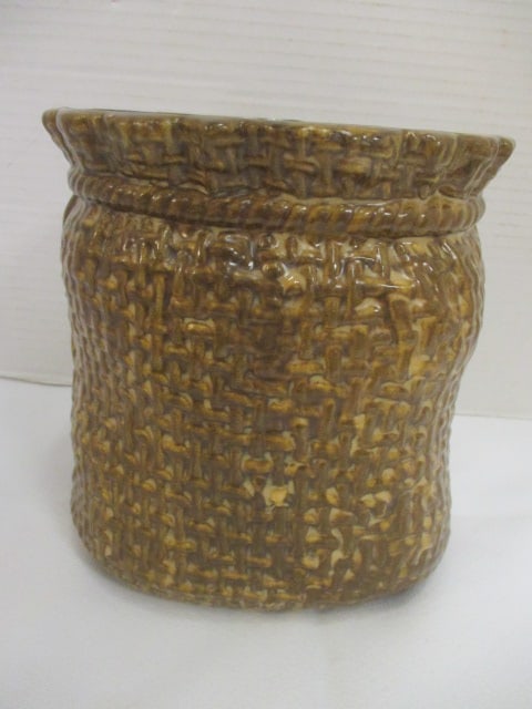 McCoy Burlap Sack Glazed Brown Pottery Planter (1 of 5)