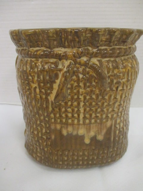 McCoy Burlap Sack Glazed Brown Pottery Planter (1 of 4)