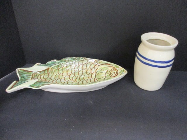 Cash Family Pottery 13" Fish Tray & 5 3/4" Pottery Crock: .