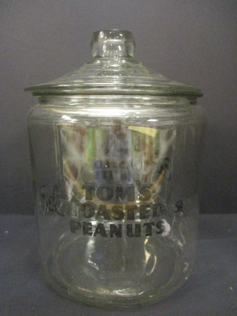 Tom's Toasted P Nuts Store Counter Jar w/Lid: 7" Diameter x 8" Deep