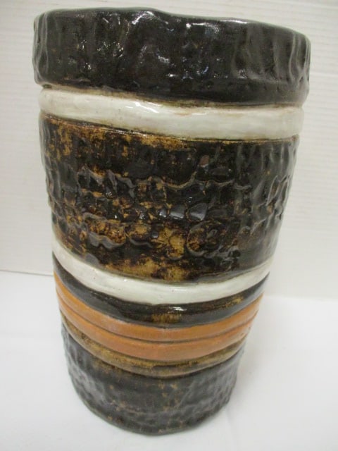 Maria Signed Cylindrical Studio Pottery Vase: 7" Diameter x 11 1/2" Deep (Textured crater like Glaze)