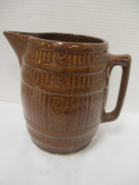 McCoy? Unmarked Stoneware Barrel Pitcher (1 of 4)