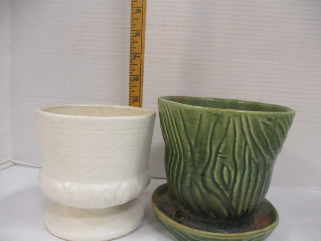 Brush Pottery Green Planter (5") & Hull White Planter (4 1/2") - 8