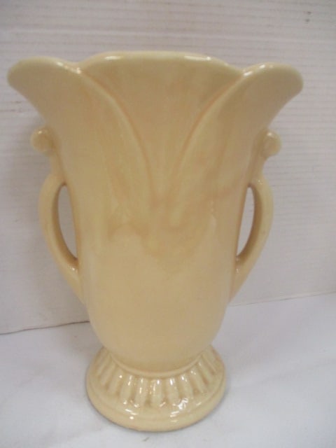 Yellow Art Deco Dual Handle Pottery Vased: 10"