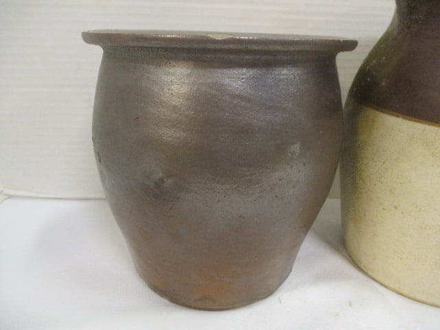 Dark Brown Glazed 6" Planter (Chips) & Two Tone Pitcher 8" - 2