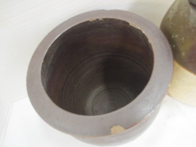 Dark Brown Glazed 6" Planter (Chips) & Two Tone Pitcher 8" - 3