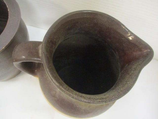 Dark Brown Glazed 6" Planter (Chips) & Two Tone Pitcher 8" - 7