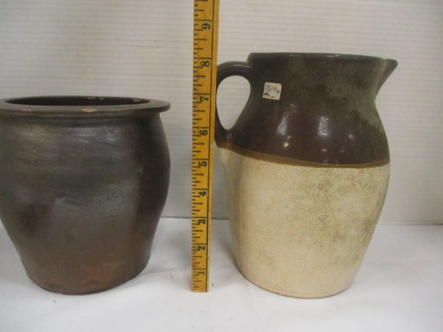Dark Brown Glazed 6" Planter (Chips) & Two Tone Pitcher 8" - 8