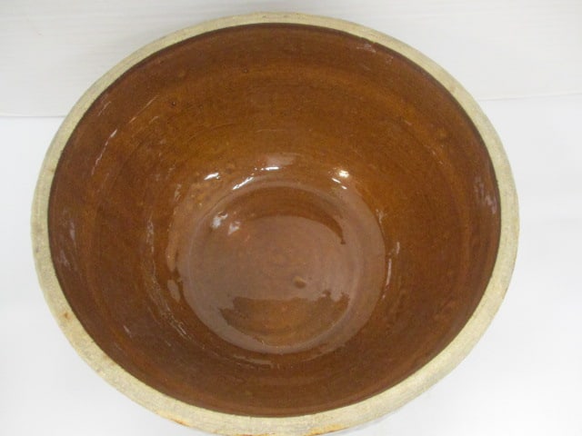 Brown Glaze Pottery Mixing Bowl w/Picket Fence Pattern - 2