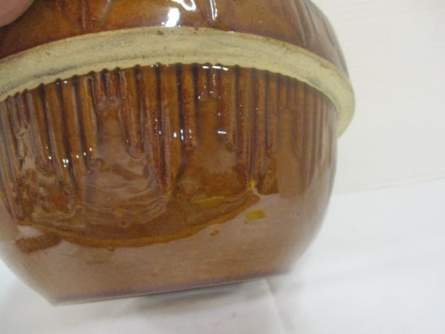 Brown Glaze Pottery Mixing Bowl w/Picket Fence Pattern - 4