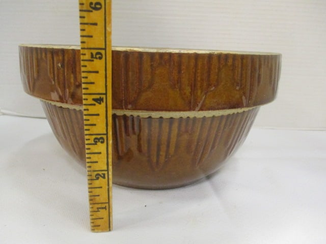 Brown Glaze Pottery Mixing Bowl w/Picket Fence Pattern - 5