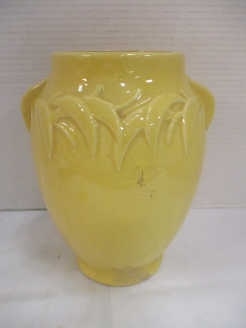 McCoy Yellow Pottery Vase w/embossed Leaf Design: 8 1/4"