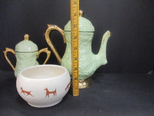 Mint Green Teapot (8 1/2"), Sugar Bowl 6", & McCoy Unipet Bowl - 12