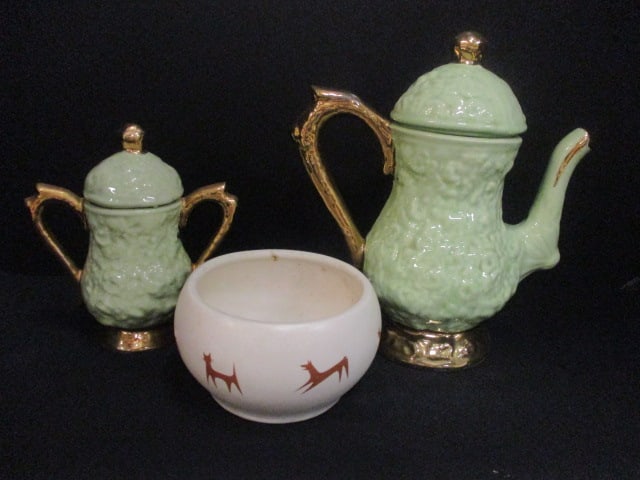 Mint Green Teapot (8 1/2"), Sugar Bowl 6", & McCoy Unipet Bowl: McCoy Bowl was produced for The Upjohn Co