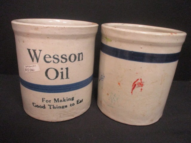 Wesson Oil (Lot of 2) Crocks (5"): 1 is unmarked & has crayon markings