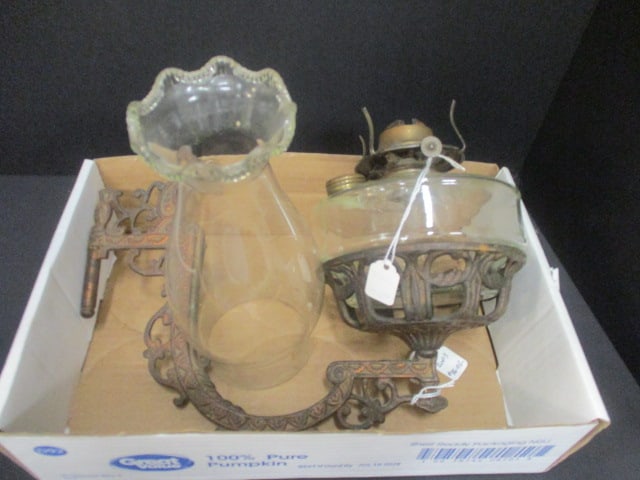 Antique Oil Lamp w/Rustic Metal Wall Bracket (1 of 6)