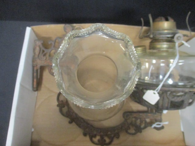 Antique Oil Lamp w/Rustic Metal Wall Bracket - 5